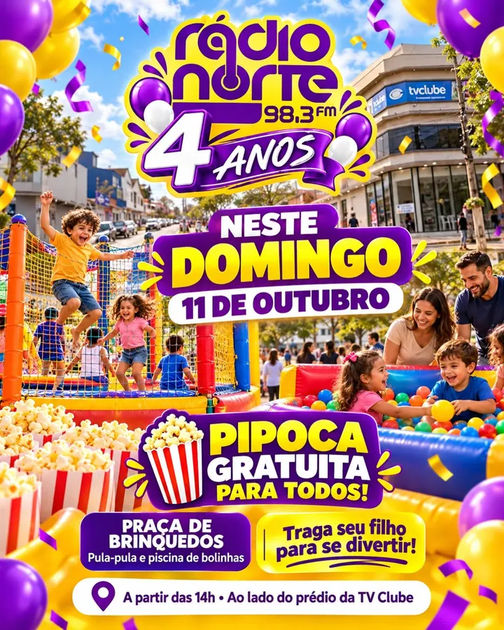Cartaz: pipoca grátis e praça de brinquedos para as crianças